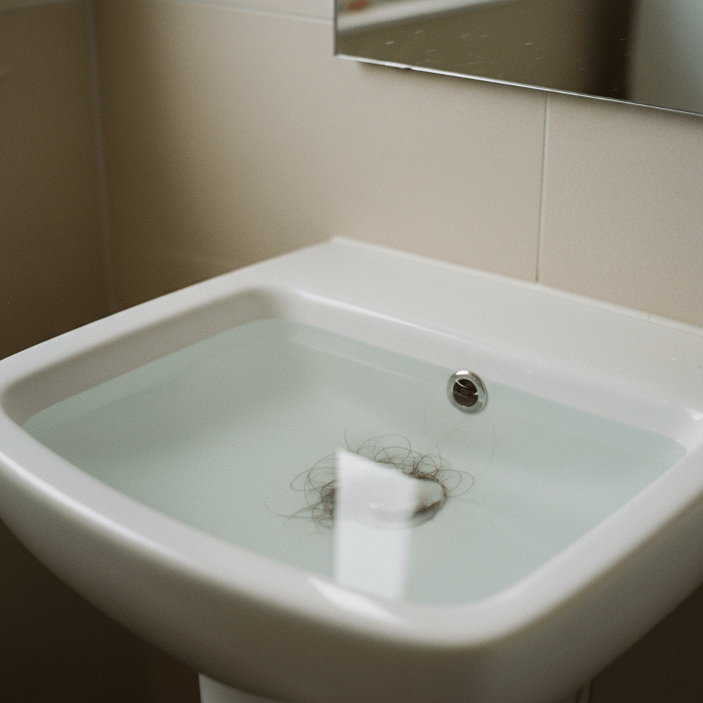 Verstopfter Abfluss im Badezimmer Nahaufnahme mit stehendem Wasser im Waschbecken