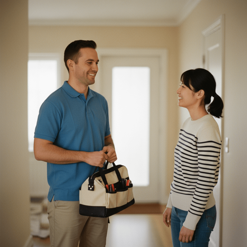 Freundlicher Handwerker erklärt Kunden die Situation im Badezimmer nach der Arbeit