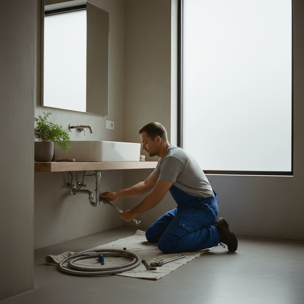 Sanitär Notdienst Techniker bei der Arbeit im Badezimmer bei Reparatur am Waschbecken