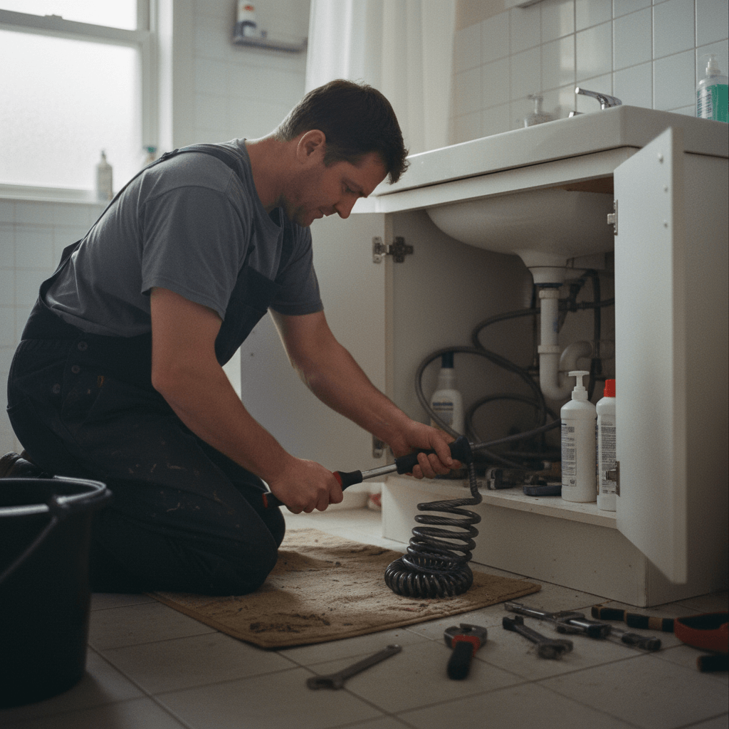 Experte beim Waschbecken Rohr Reinigen mit Spirale im Badezimmer